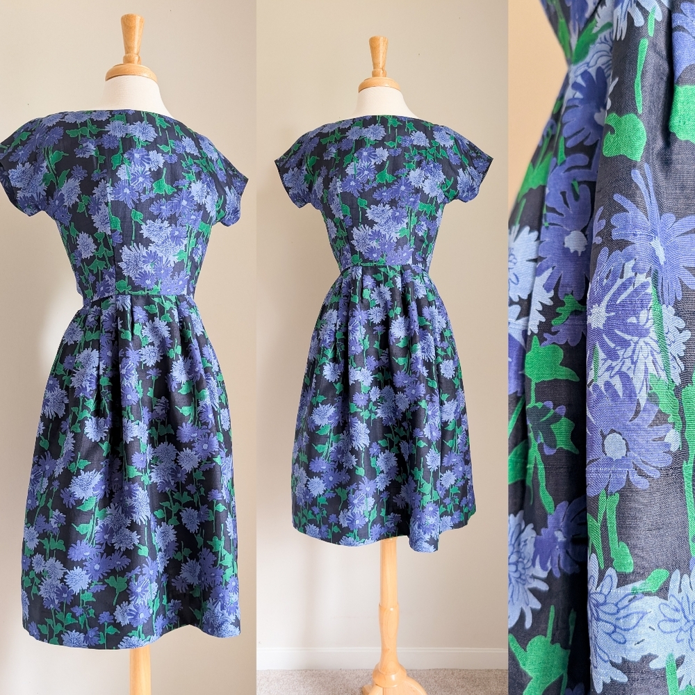60s Silk Floral Fit & Flare Knee Length 1960s Vintage Feminine Cocktail Dress